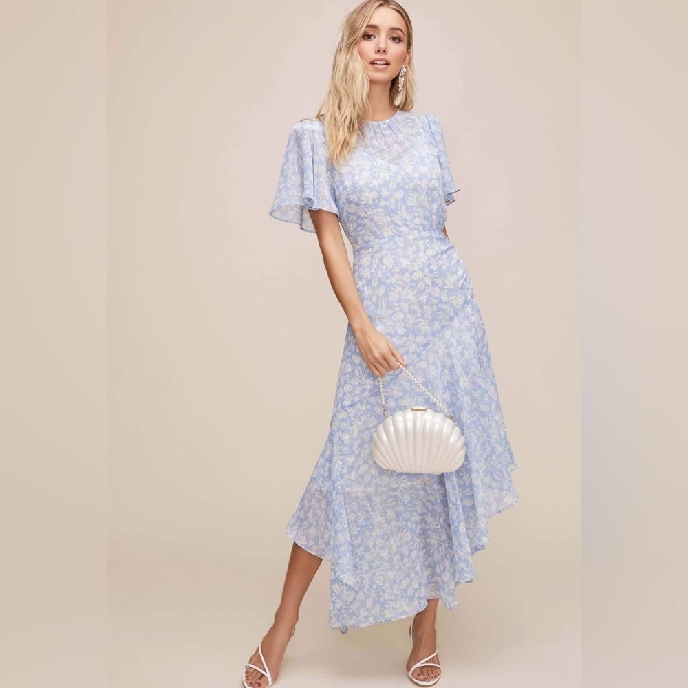 NWT ASTR The Label Blue Floral Flutter Sleeve Asymmetrical MIDI Dress LARGE